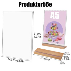 Yoosso A5 Table Stand, Pack of 4 L Shape Price Tags Stand, A5 Acrylic Photo Stand, Advertising Stand Display with Wooden Base for Menu Card, Cafe, Restaurant, Shop, Wedding (21 x 14.3 cm)