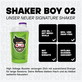 FTWIN Shaker for Gamers and E-Sporters, 600 ml with Measuring Scale and Strainer, Leak-Proof, BPA and DEHP Free (Green Version)