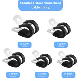 70 Pcs Stainless Steel Rubber Lined P Clips, Stainless Steel Hose Pipe Clamps, Metal Pipe Clips, R Shape Hose Clamp, Wire Cable Clamps for Secure Attachment, Cable Mounting(6mm 8mm 10mm 12mm 20mm)