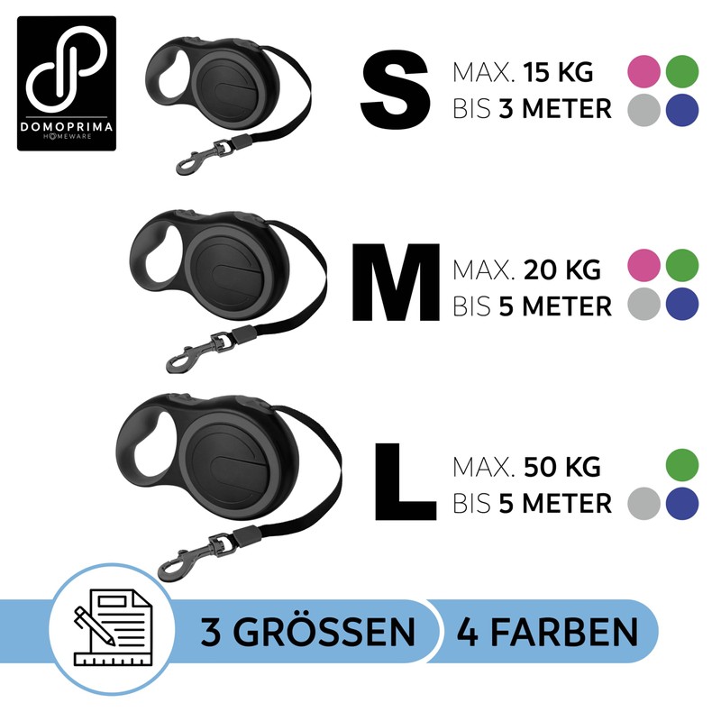 DOMOPRIMA Flexible Dog Lead in 3 Sizes (S,M,L) and 4