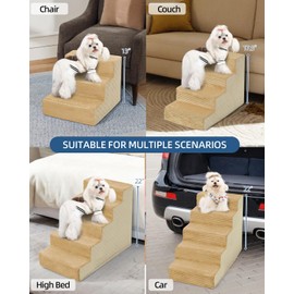 Vfrog Dog Stairs for Small Dogs,22" H,5-Step Dog Steps for Bed and Couch with High Density Foam,Non-Slip Pet Steps for Doggy and Cat,Pet Stairs with a Washable Cover,Khaki