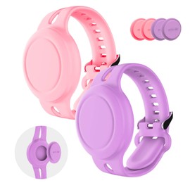 FGERWZ 2 Pack Air Tag Bracelet for Kids Waterproof, Hidden Airtag Wristband Kids Anti-Lost, Silicone AirTag Watch Band GPS Tracker Holder Accessories for Child, Elder (Pink+Purple)
