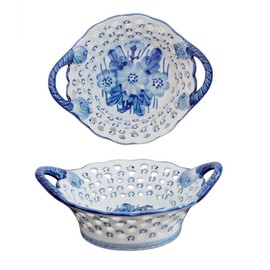Aimusego Small 4.3'' Decorative Ceramic Berry Basket Bowl with Handles, Set of 2，Blue and White Floral Pattern Container For Berries, Strawberry, Grape, Cherry