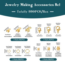 Pandahall 990Pcs Jewelry Making Accessories Set Golden Lobster Claw Clasps Jump Rings Folding Crimp Ends Knot Covers Cord Ends for Bracelet Necklace DIY Jewelry Making Supplies