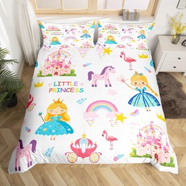 Manfei - Juego de funda de edredón de princesa pequeña, tamaño individual, juego de cama de unicornio castillo rosa de ensueño, 2 piezas, funda de edredón de dibujos animados, decoración de habitación