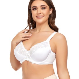 Ayigedu Women's Underwired Bra Lace Unlined Large Size Minimiser Bra Full Coverage, White