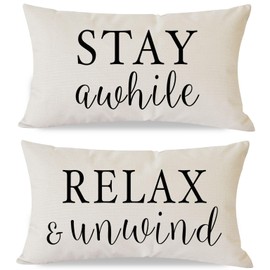 PANDICORN Decorative Throw Pillow Covers 12x20 Inch Set of 2 Stay Awhile Relax & Unwind Outdoor Modern Farmhouse Porch Patio Decorations Lumbar Cushion Cases for Home Living Room Sofa Couch Decor