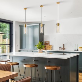 FEAZAC Gold Pendant Light Fixtures, 3 Pack Modern Pendant Lighting with Clear Striped Glass Shade, Hanging Pendant Lights Kitchen Island, Farmhouse Pendant Lighting for Dining Room Bedroom Bathroom