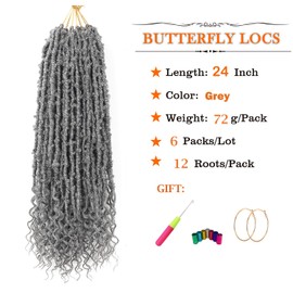 Aipin Butterfly Locs Crochet Hair Goddess Locs Curly Ends 24 Inch Distressed Butterfly Faux Locs Synthetic Butterfly Soft Locs Crochet Hair For Black Women Hair Extensions (24 Inch, 6packs,Grey#)
