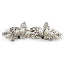Bridal Wedding Prom Silver Tone Simulated Pearl Diamante 'Butterfly' Barrette Hair Clip Grip - 75mm Across
