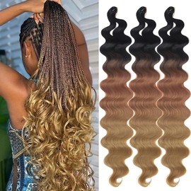 30 Inch Body Wave Crochet Hair 3 Packs Synthetic Curly Braiding Hair Ocean Wave Twist Crochet Braids French Curl Crochet Braids Wavy Braiding Hair Extensions(30",Black-Dark Brown -Light Brown)