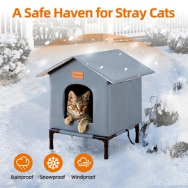 Insulated Cat Shelter Weatherproof Outdoor Cat House with Self-Warming Insulation Raised Bottom and Waterproof Roof for All-Season Protection (Grey, Large)