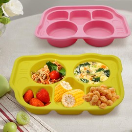 HSU'S Silikon Bus Auto vier Fächer Kinder Baby Teller, Platin Silikon, spülmaschinenfest, BPA nein, 27x18.5cm