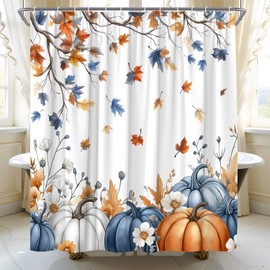 HWSSHW Fall Shower Curtain Autumn Pumpkin Maple Leaf Blue and Orange Watercolor Floral Thanksgiving Rustic Farmhouse Harvest Fabric Bathroom Decor Bath Curtain with Hooks