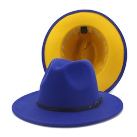 Gossifan Womens Wide Brim Panama Hat Patchwork Colors Classic Buckle Fedora Royal Blue/Yellow