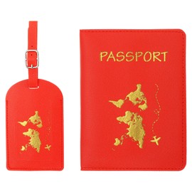 PATIKIL Passport Cover Holder and Luggage Tag Set, PU Leather Passport Case Holder Travel Tag Suitcase Identifier Travel Accessories for Men Women, Red