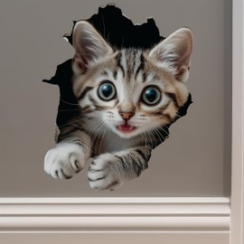 Tabby Cat Decal - Wall Hole Cat Sticker with 3D Effect