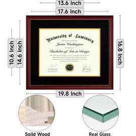 Luminary 15x18 Wood Diploma Frame with 11x14 Opening Black Mat for College Degree Certificate Document, Cherry Red Color Wooden Frame with Tempered Glass Panel for Wall Mount Display