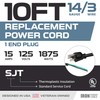 14 AWG Replacement Power Cord with Open End - 10