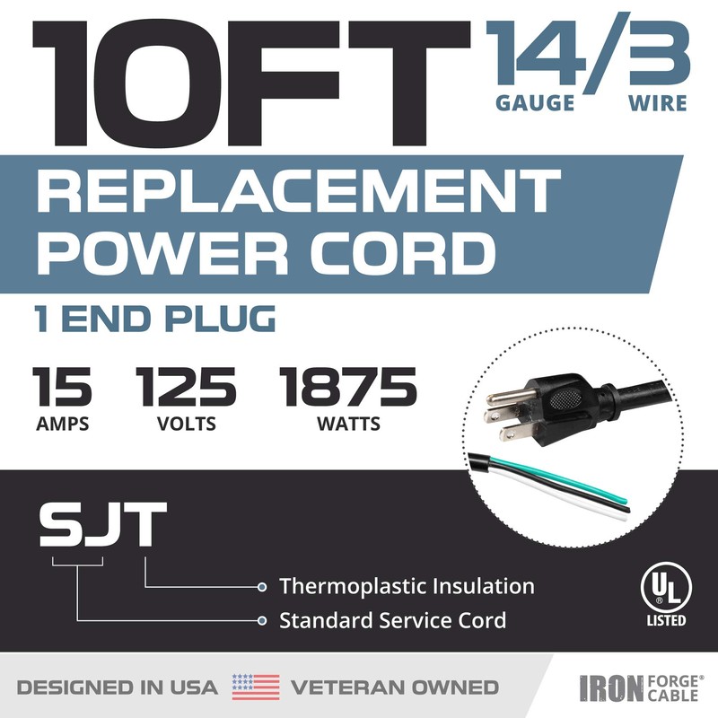14 AWG Replacement Power Cord with Open End - 10