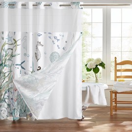 MEHOFOND Nautical Beach No Hook Shower Curtain with Snap in Liner, Starfish Seashell Coral Coastal Shower Curtain with Liner, See Through Mesh Top Window, Fabric Hotel Blue Shower Curtain 71x74IN