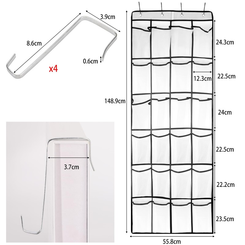 Large Hanging Shoe Organizer, 24 White Mesh Pockets Over the