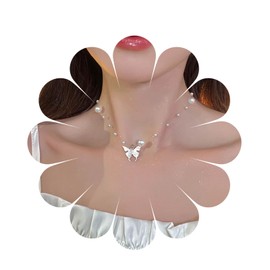 Yienate Boho Butterfly Pendant Necklace Choker Vintage Pearl Butterfly Necklace Invisible Line Chain Pearl Necklace Statement Bridal Pearl Satellite Chain Necklace Jewelry for Women and Girls