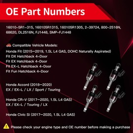 160105R1315 High Pressure Fuel Injectors Compatible with Honda Accord CR-V Civic Fit 1.5L L4 Gas 2015 2016 2017 2018 2019, Set of 4, Replaces 16010-5R1-315 16010-5R1-305