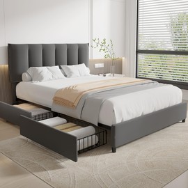 VECELO Full Size Bed Frame with 4 Storage Drawers, Adjustable Height Headboard, Heavy-Duty Platform Bedframe with Strong Wooden Slats, No Box Spring Needed, Dark Grey