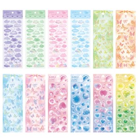 Bagentry 12 Sheets Colorful Deco Stickers, Self Adhesive Kpop Photocard Stickers, Cute Bubble Cloud Butterfly Craft Stickers for Scrapbook Journaling Binder Album Art DIY Cards