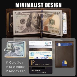 HRS Slim Wallets for Men, Genuine Leather Bifold Men's Wallet RFID Blocking Minimalist Front Pocket with Money Clip