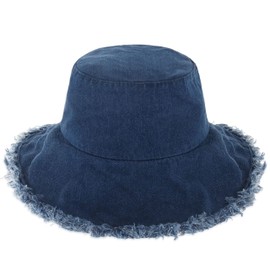 CHOK.LIDS Frayed Bucket Hats for Women Men Unisex Trendy Washed Cotton Floppy Wide Brim Boonie Outdoor Summer Beach Headwear (Dark Denim)