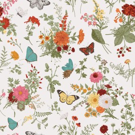 VEELIKE Herbs Floral Wallpaper Stick and Peel Vintage Butterflies Marigolds Floral Contact Paper for Walls Cabinets Shelves 17.7''x354'' Removable Boho Floral Wall Paper for Bedroom Bathroom Nursery