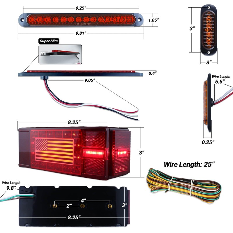 XtraGlow Submersible LED Trailer Light Kit Rectangle American Flag Designed
