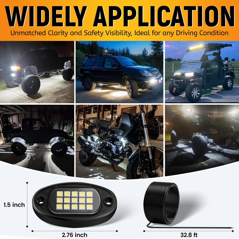 YONEDA Rock Lights for Trucks(12 Pods White with 11yd Wire)