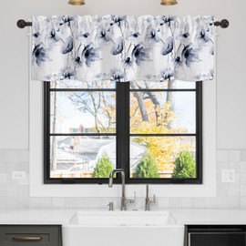 YUVVLFY Grey Blue Floral Valance Curtains for Windows Abstract Watercolor Wildflowers Modern Rod Pocket Decorative Window Valance for Kitchen Bathroom Bedroom Living Room Closet, 54x18 Inch