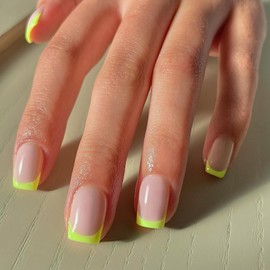 30Pcs Neon Green French Tip Press on Nails Short Square Nails Press ons, Short Fake Nails Coffin Acrylic French Glue on Nail False for Women, Natural15 Sizes