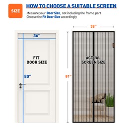 MAGZO Magnetic Screen Door with Full Strip Magnets, Fit Door Size 36 x 80 Inch, Screen Size 38" x 81" Magnets Net with Full Frame Hook & Loop for Front Entrance, Black