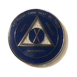 10 Year AA Medallion - Alcoholics Anonymous Blue & Silver Glitter Bling Sobriety Chip,Token, Coin