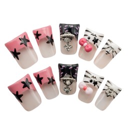 10PCS Duck Nails Handmade Press on Nails Black and White Cat Pattern Design French False Nails for Women and Girls,False Nail Kit,Reusable Stick On Nails