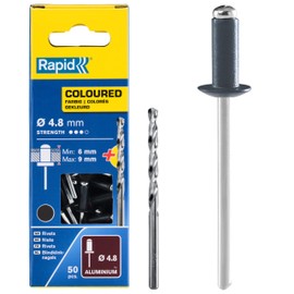 Rapid High Performance Anthracite Grey Aluminium Rivets, Ø4.8 x 12 mm - 4mm Rivets for Gutters, Piping, and Sheet Metal - Includes Drill - 50 Pieces, Carton Boxed (5001470)