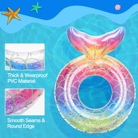 MoKo Inflatable Swimming Ring, Children's Mermaid Swimming Ring, Water Play Ring, Cute 58 cm Air Mattress, Pool Toy, Water Toy for Sandy Beach, Swimming Pool, Rainbow Silver Scale