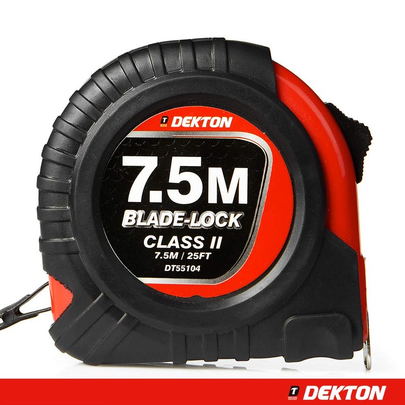DEKTON DT55104 Hard Case Measure Tape, 240 V, Black/Red, 7.5