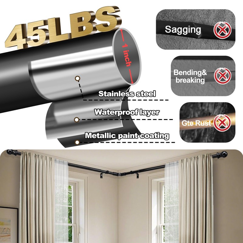 Corner Curtain Rod for Windows 30 to 136 Inches, Adjustable