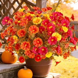 TSTWETO Artificial Mums for Outdoors, 12 Bundles Fake Mums Fall Flowers Artificial Plants Outdoor UV Resistant, Silk Morning Glory Eucalyptus Faux Flowers Shrubs for Outside Planter Porch Yard Patio