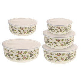 GRIRIW Pack of 5 Enamel Mixing Bowls for the Kitchen with Lid, Storage Bowls with Lid, Large Bowl with Lid, Serving Bowls, Large Mixing Bowls with Lid
