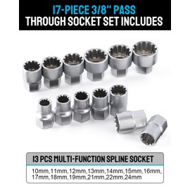 ZOMIYU 3/8” & 1/2” Pass Through Socket Set, 17-Piece Metric 12-Point Go-Thru Sockets with 2-in-1 Ratchet (72-Tooth), Adapter, Extension Bar & Sturdy Case, CR-V Steel