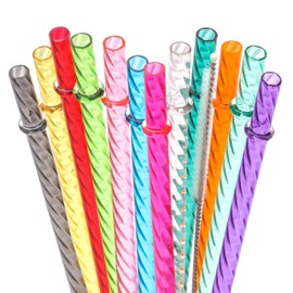 Dakoufish 10 Inch Reusable Clear Plastic Swirl Drinking Straws for 16 oz & 24 oz Jars/Tumblers,Set of 12 Pcs Replacement Straws with Cleaning Brush (10inch,12color)