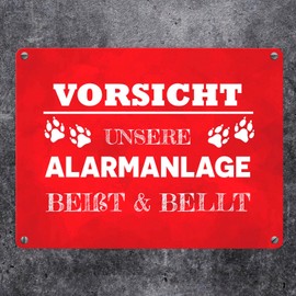 Vorsicht unsere Alarmanlage beißt & bellt Metal Sign in 15 x 20 cm in Red Decoration Funny Saying Dog Pet Warning Burglar Dog Friend Gift Idea