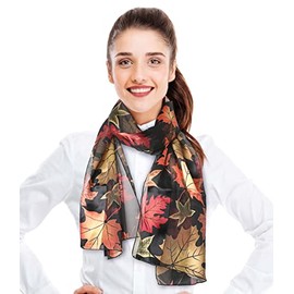 CBC Crown Autumn Fall Leaves Leaf Pattern Silky Feel Scarf 13"x60" or 35"x35" (LARGE MAPLE LEAVES-BK-13 X60)